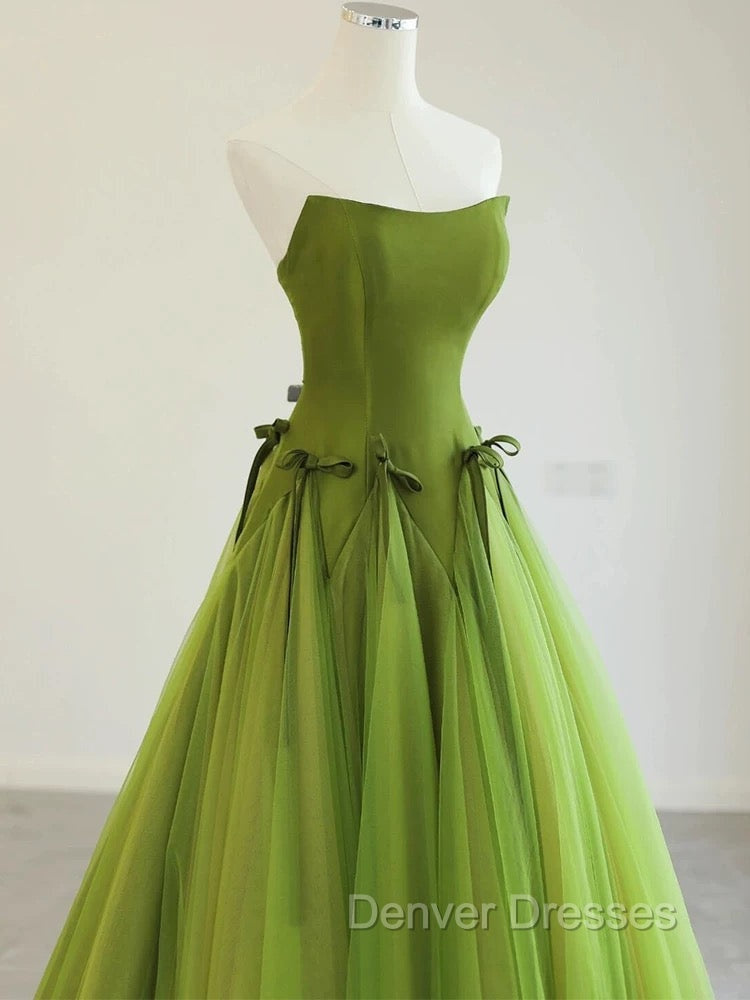 Pretty Ball Gown Strapless Bud Green Tulle Prom Dress Evening Dress