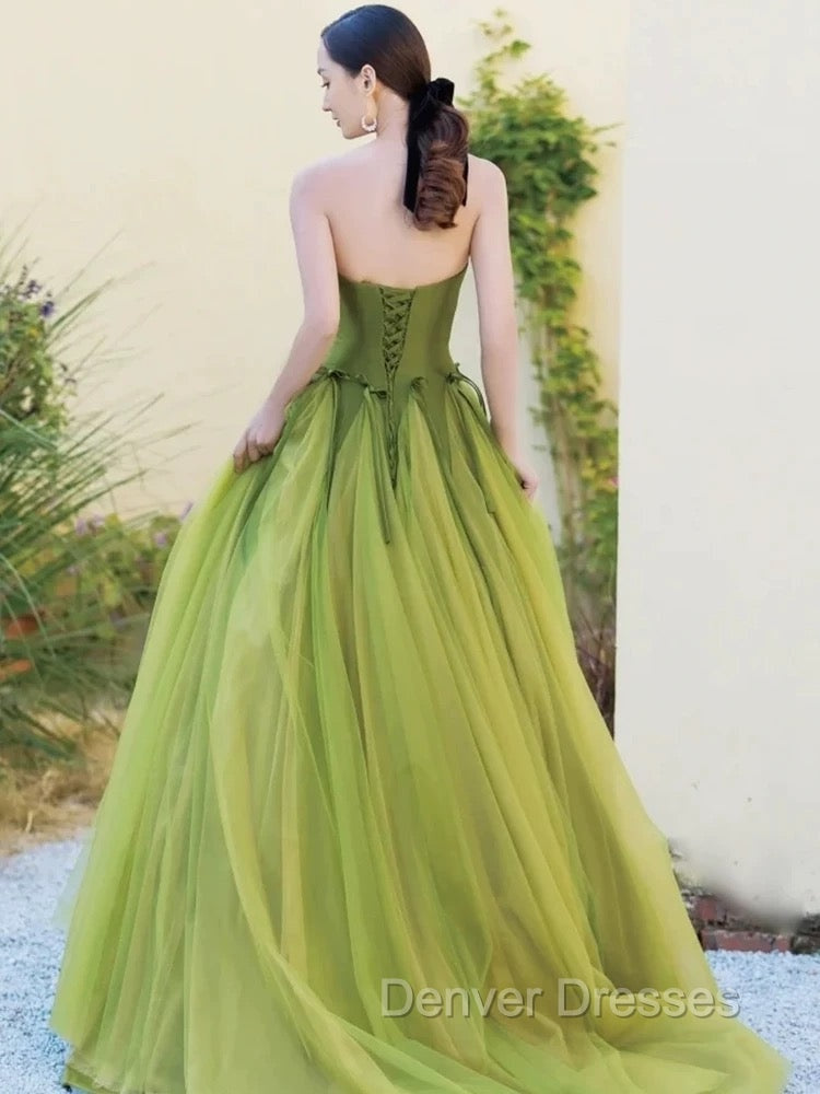 Pretty Ball Gown Strapless Bud Green Tulle Prom Dress Evening Dress