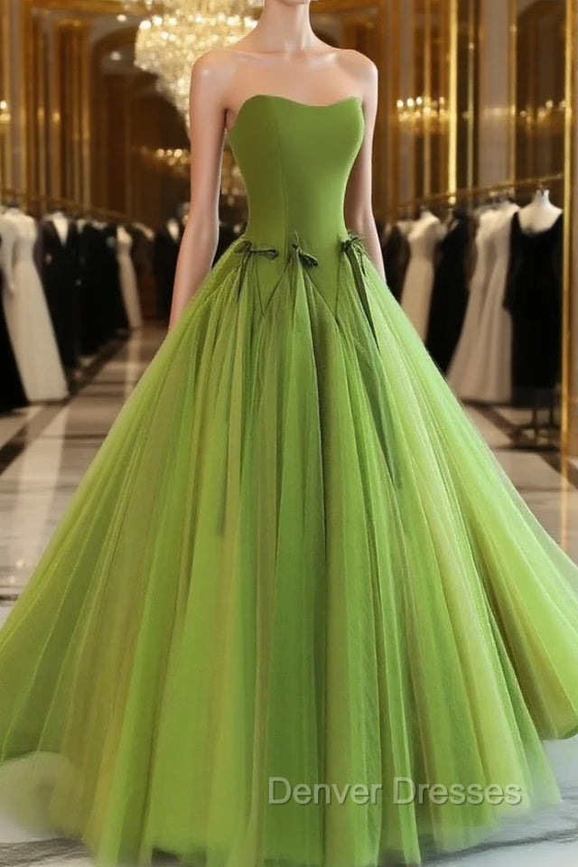 Pretty Ball Gown Strapless Bud Green Tulle Prom Dress Evening Dress