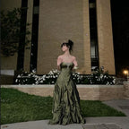 Pretty Ball Gown Strapless Green Satin Long Prom Dress With Silver Beads