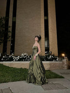 Pretty Ball Gown Strapless Green Satin Long Prom Dress With Silver Beads