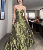 Pretty Ball Gown Strapless Green Satin Long Prom Dress With Silver Beads