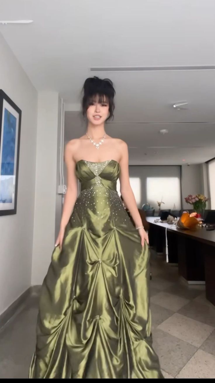 Pretty Ball Gown Strapless Green Satin Long Prom Dress With Silver Beads Main image