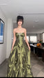 Pretty Ball Gown Strapless Green Satin Long Prom Dress With Silver Beads