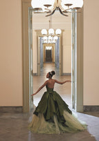 Pretty Ball Gown Strapless Olive Green Long Satin Prom Dress Formal Evening Dress