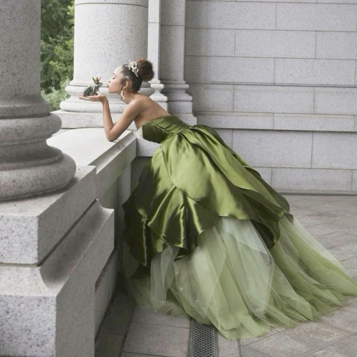 Pretty Ball Gown Strapless Olive Green Long Satin Prom Dress Formal Evening Dress