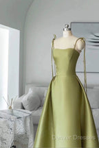 Pretty Ball Gown Straps Sage Green Satin Long Length Evening Dress Prom Dress