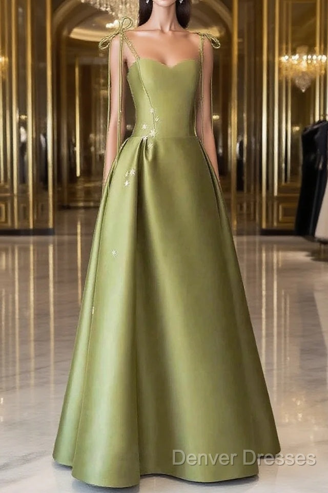 Pretty Ball Gown Straps Sage Green Satin Long Length Evening Dress Prom Dress Main image