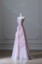 Pretty Ball Gown Sweetheart Pink Floral Tulle Long Prom Dress Evening Gowns