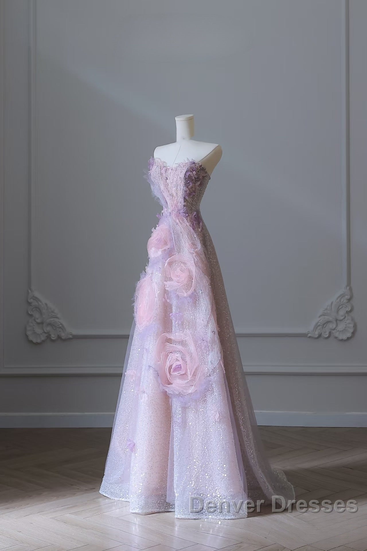 Pretty Ball Gown Sweetheart Pink Floral Tulle Long Prom Dress Evening Gowns