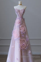 Pretty Ball Gown Sweetheart Pink Floral Tulle Long Prom Dress Evening Gowns