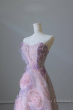 Pretty Ball Gown Sweetheart Pink Floral Tulle Long Prom Dress Evening Gowns