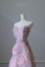 Pretty Ball Gown Sweetheart Pink Floral Tulle Long Prom Dress Evening Gowns