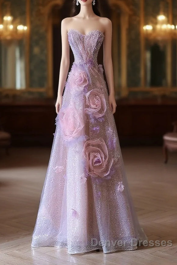 Pretty Ball Gown Sweetheart Pink Floral Tulle Long Prom Dress Evening Gowns