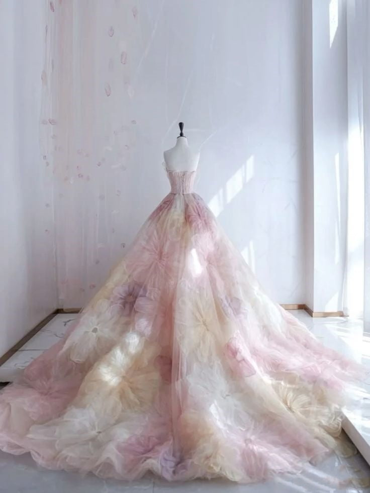 Pretty Ball Gown Sweetheart Pink Flowers Tulle Long Quinceanera Dress Formal Short Sleeves Flowers Vestido De 15 Anos Sweet 16 Dress