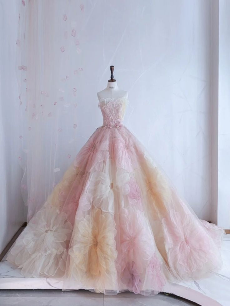 Pretty Ball Gown Sweetheart Pink Flowers Tulle Long Quinceanera Dress Formal Short Sleeves Flowers Vestido De 15 Anos Sweet 16 Dress Main image