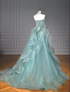 Pretty Ball Gown Sweetheart Tulle Green Long Evening Dress Prom Dress With Ruffles