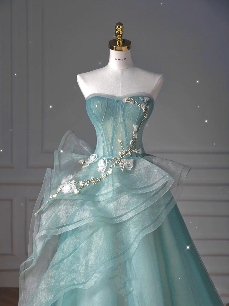 Pretty Ball Gown Sweetheart Tulle Green Long Evening Dress Prom Dress With Ruffles