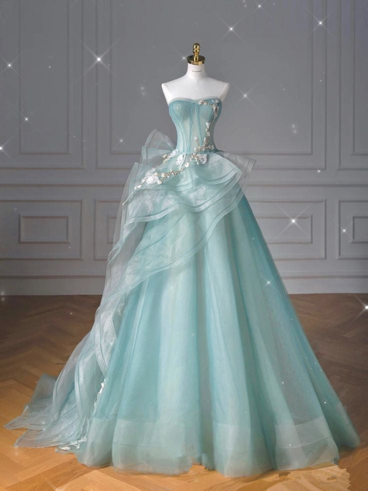 Pretty Ball Gown Sweetheart Tulle Green Long Evening Dress Prom Dress With Ruffles