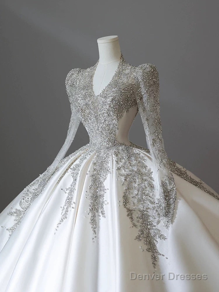 Pretty Ball Gown V Neckline Long Sleeves Sequin White Wedding Dresses Brides Dress