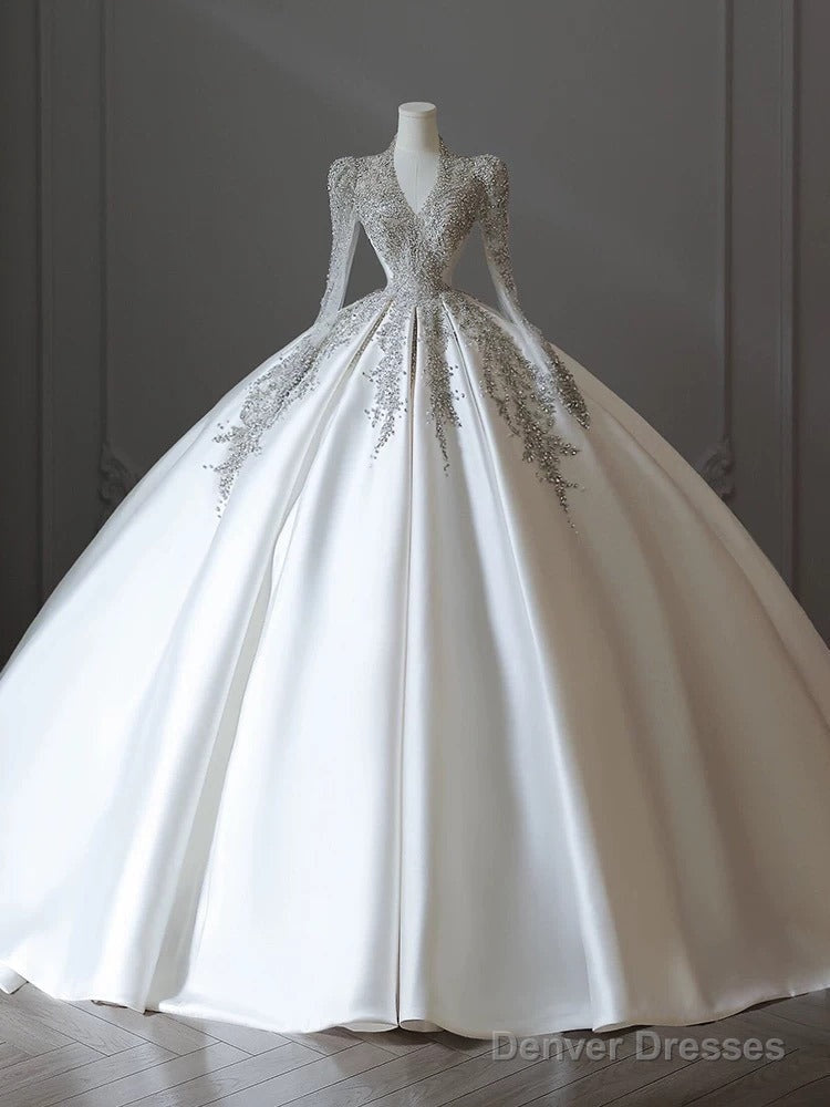 Pretty Ball Gown V Neckline Long Sleeves Sequin White Wedding Dresses Brides Dress Main image