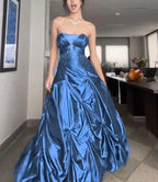 Pretty Forest Green A-Line Long Prom Dress With Silver Beads Sweet Strapless Satin Evening Dress