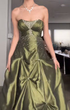 Pretty Forest Green A-Line Long Prom Dress With Silver Beads Sweet Strapless Satin Evening Dress