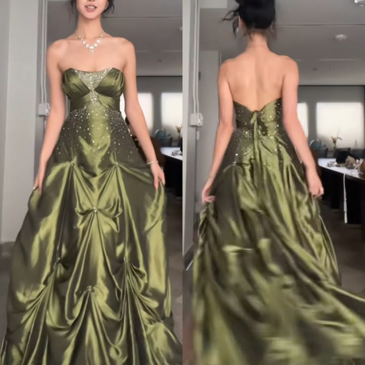 Pretty Forest Green A-Line Long Prom Dress With Silver Beads Sweet Strapless Satin Evening Dress