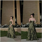 Pretty Forest Green A-Line Long Prom Dress With Silver Beads Sweet Strapless Satin Evening Dress