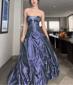 Pretty Forest Green A-Line Long Prom Dress With Silver Beads Sweet Strapless Satin Evening Dress