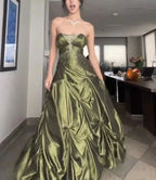 Pretty Forest Green A-Line Long Prom Dress With Silver Beads Sweet Strapless Satin Evening Dress