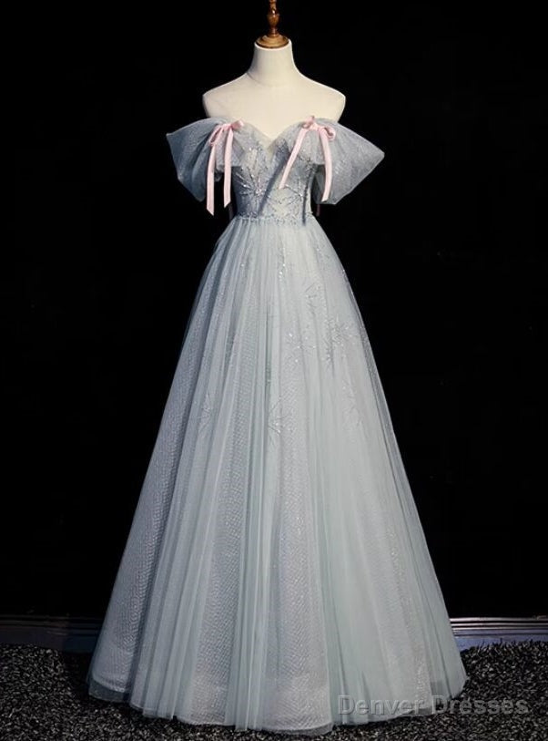 Pretty Gray Tulle Off the Shoulder Beading Bow Prom Dress Main image