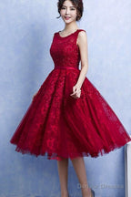 Pretty Handmade Knee Length Dark Red Lace Junior Party Dress, Beautiful Tulle Dress