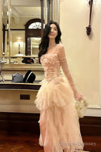 Pretty High Low Spaghetti Straps Tulle Pink Floral Ankle Length Evening Dress Prom Dresses