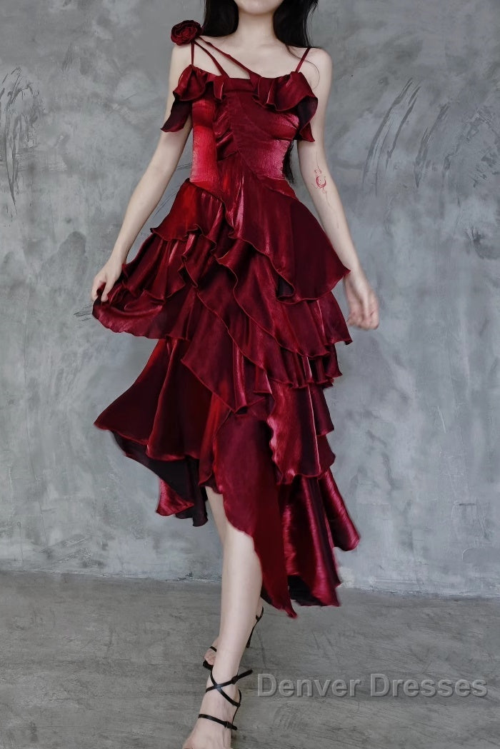 Pretty Irregular Ruffled Spaghetti Straps Burgundy Prom Dress With Detachable Rose Long Birthday Dress For Women Secondary image