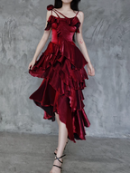 Pretty Irregular Ruffled Spaghetti Straps Burgundy Prom Dress With Detachable Rose Long Birthday Dress For Women