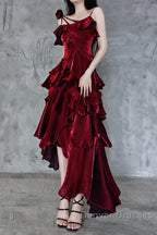 Pretty Irregular Ruffled Spaghetti Straps Burgundy Prom Dress With Detachable Rose Long Birthday Dress For Women