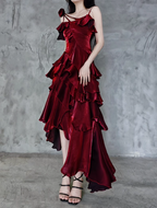 Pretty Irregular Ruffled Spaghetti Straps Burgundy Prom Dress With Detachable Rose Long Birthday Dress For Women