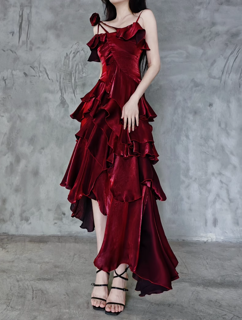 Pretty Irregular Ruffled Spaghetti Straps Burgundy Prom Dress With Detachable Rose Long Birthday Dress For Women