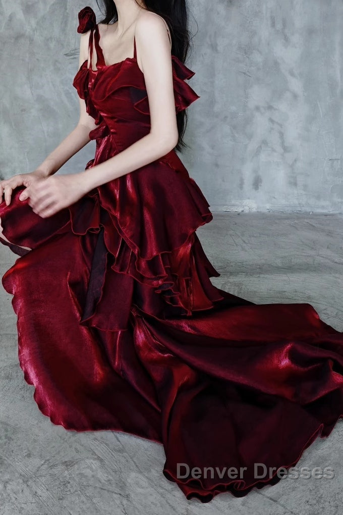 Pretty Irregular Ruffled Spaghetti Straps Burgundy Prom Dress With Detachable Rose Long Birthday Dress For Women