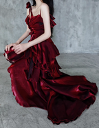 Pretty Irregular Ruffled Spaghetti Straps Burgundy Prom Dress With Detachable Rose Long Birthday Dress For Women
