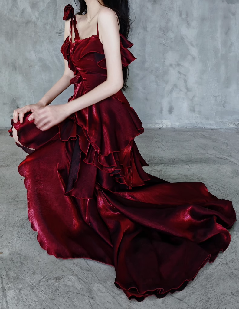 Pretty Irregular Ruffled Spaghetti Straps Burgundy Prom Dress With Detachable Rose Long Birthday Dress For Women