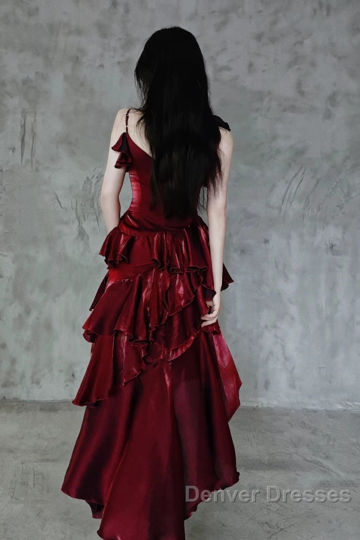 Pretty Irregular Ruffled Spaghetti Straps Burgundy Prom Dress With Detachable Rose Long Birthday Dress For Women