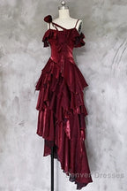 Pretty Irregular Ruffled Spaghetti Straps Burgundy Prom Dress With Detachable Rose Long Birthday Dress For Women