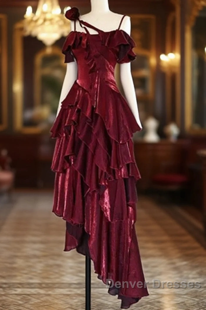 Pretty Irregular Ruffled Spaghetti Straps Burgundy Prom Dress With Detachable Rose Long Birthday Dress For Women Main image