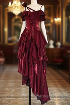 Pretty Irregular Ruffled Spaghetti Straps Burgundy Prom Dress With Detachable Rose Long Birthday Dress For Women