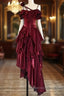 Pretty Irregular Ruffled Spaghetti Straps Burgundy Prom Dress With Detachable Rose Long Birthday Dress For Women