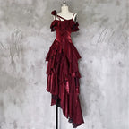 Pretty Irregular Ruffled Spaghetti Straps Burgundy Prom Dress With Detachable Rose Long Birthday Dress For Women
