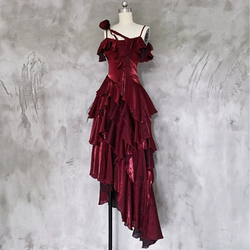 Pretty Irregular Ruffled Spaghetti Straps Burgundy Prom Dress With Detachable Rose Long Birthday Dress For Women