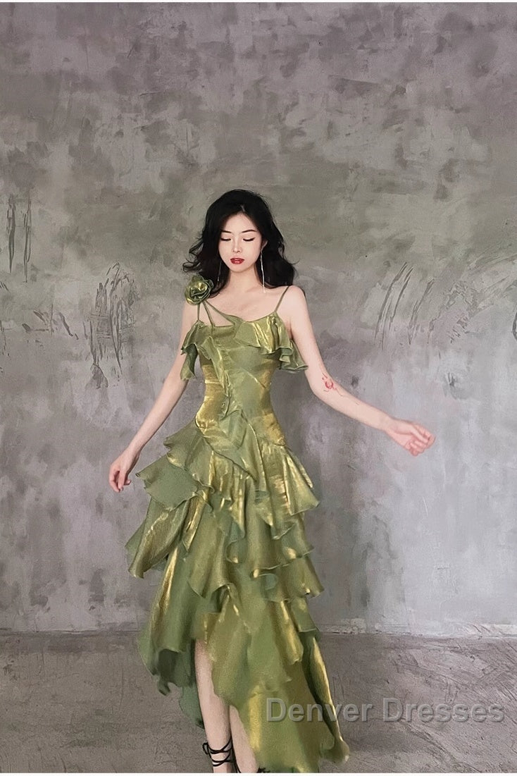 Pretty Irregular Ruffled Spaghetti Straps Green Prom Dress With Detachable Rose Long Birthday Dress For Women Secondary image